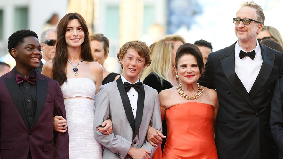 CANNES, FRANCE - MAY 19: Jaylin Webb, Anne Hathaway, Michael Banks Repeta, Tovah Feldshuh and Director James Gray attend the screening of "Armageddon Time" during the 75th annual Cannes film festival at Palais des Festivals on May 19, 2022 in Cannes, France. (Photo by Pascal Le Segretain/Getty Images)