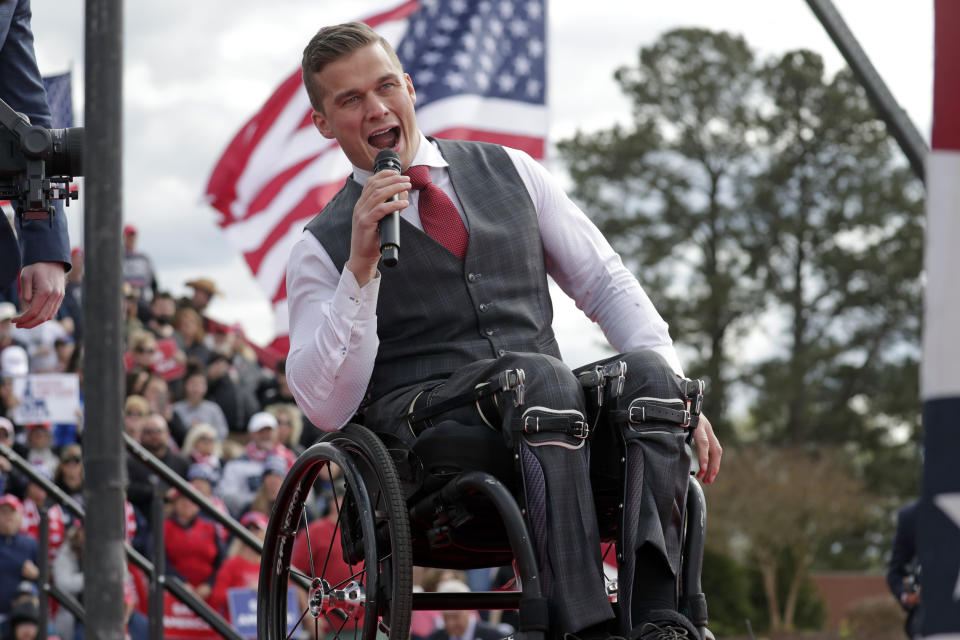 FILE - Rep. Madison Cawthorn, R-N.C., speaks before former President Donald Trump takes the stage at a rally on April 9, 2022, in Selma, N.C. A series of unforced political and personal errors by Cawthorn has brought the forces of big-name Republicans and traditional enemies to bear on his reelection bid in North Carolina.(AP Photo/Chris Seward, File)