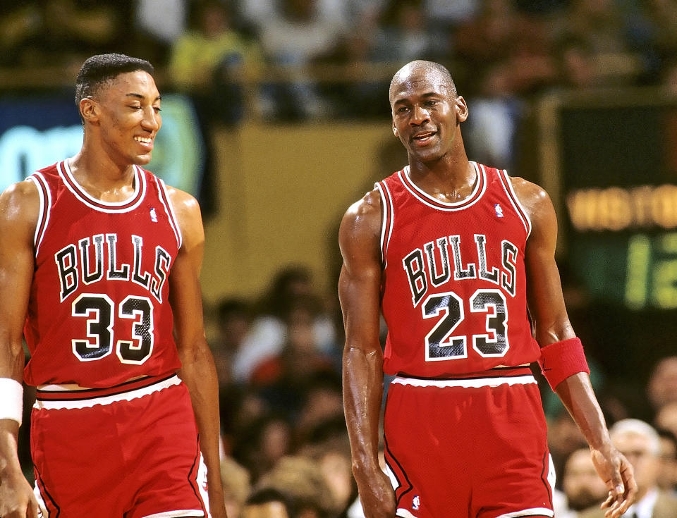 Michael Jordan and Scottie Pippen, pictured in 1990. (Steve Lipofsky/Sports Illustrated via Getty Images)