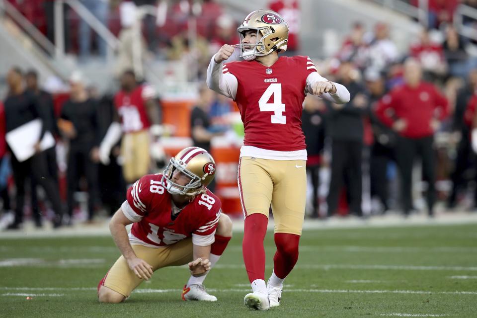 San Francisco 49ers place kicker Jake Moody (4) and holder Mitch Wishnowsky watch an extra point during the NFC championship game against the Detroit Lions in Santa Clara, Calif., Sunday, Jan. 28, 2024. | Scot Tucker, Associated Press