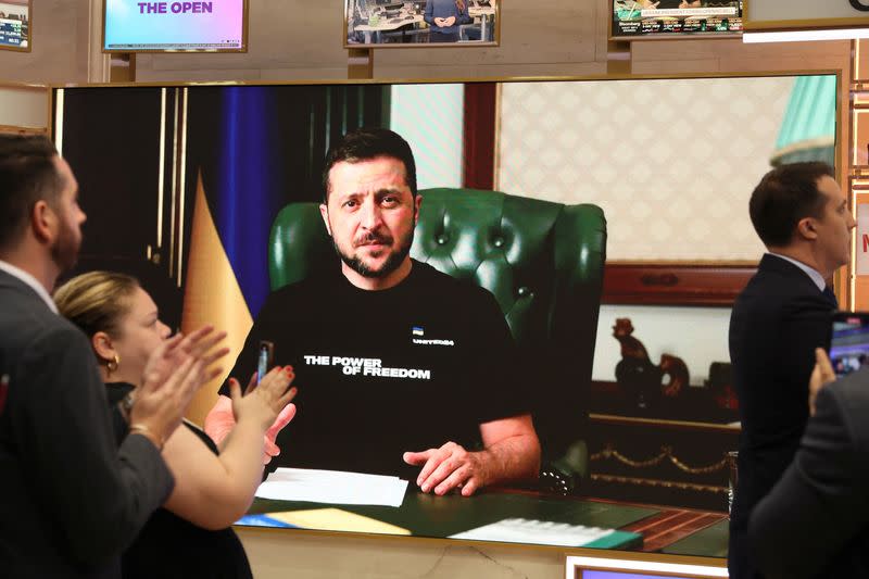 Ukraine's President Volodymyr Zelenskiy rings the opening bell the NYSE in New York