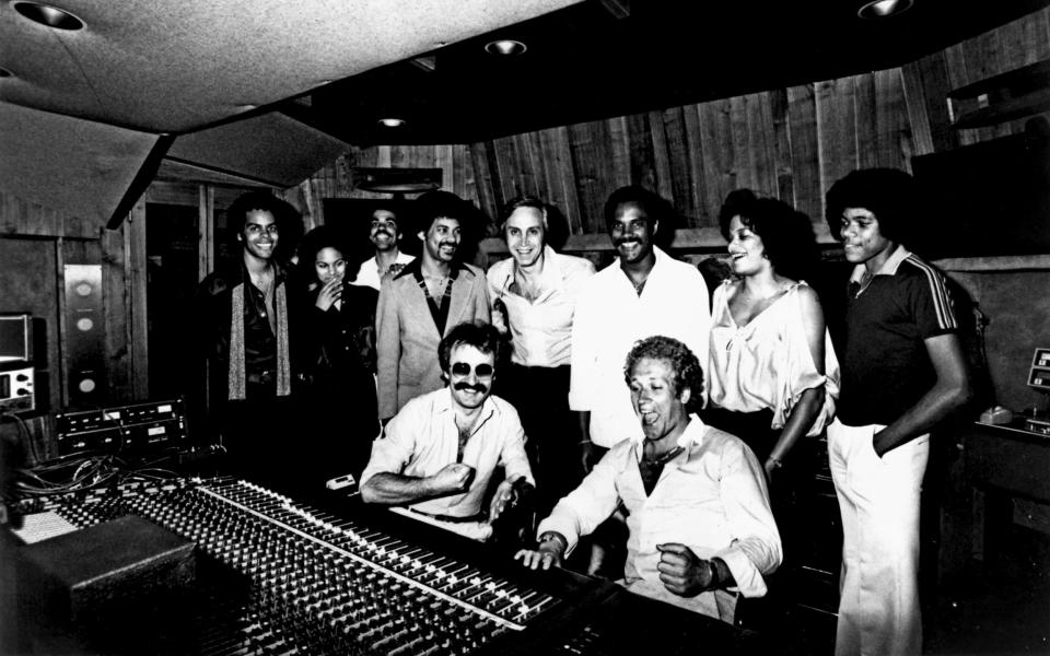 All hands on deck: Giorgio Moroder and Harold Faltermeyer (seated) in the studio