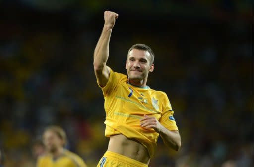 Ukrainian forward Andrei Shevchenko celebrates at the end of the Euro 2012 championships football match Ukraine vs Sweden on June 11, 2012 at the Olympic Stadium in Kiev. Ukrain won 2 to 1