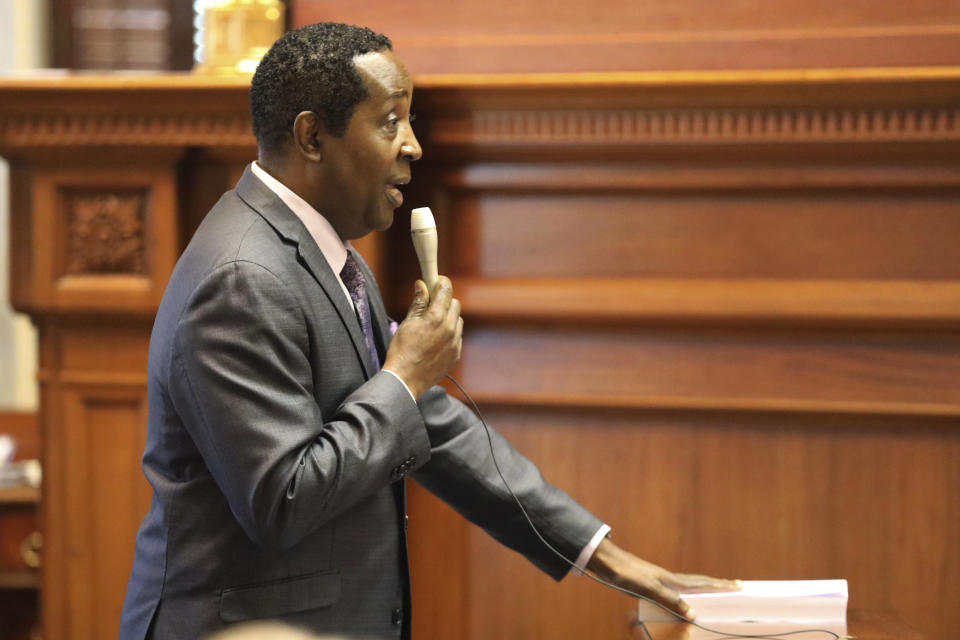 South Carolina Sen. Darrell Jackson, D-Hopkins, asks questions about a bill detailing how certain topics are taught and how parents can file complaints in state schools on Tuesday, May 2, 2023, in Columbia, S.C. (AP Photo/Jeffrey Collins)