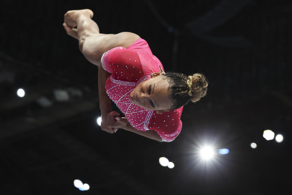 Brazil's Rebeca Andrade competes on the vault to win a gold medal during the apparatus finals at the Artistic Gymnastics World Championships in Antwerp, Belgium, Saturday, Oct. 7, 2023. (AP Photo/Geert vanden Wijngaert)