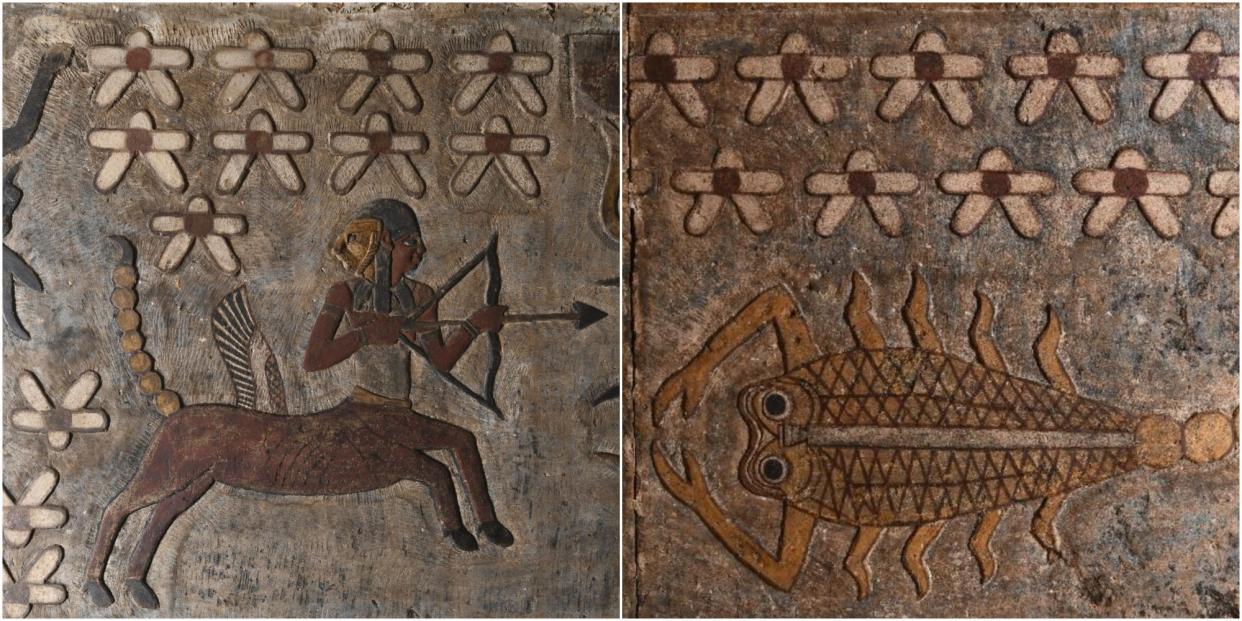 A photomontage shows paintings of a Egyptian sagitarius, a half-horse/half human creature that has wings, surrounded by paintings of constellations. A picture next to it shows a stylised painting of a scorpio surrounded by paintings of stars.