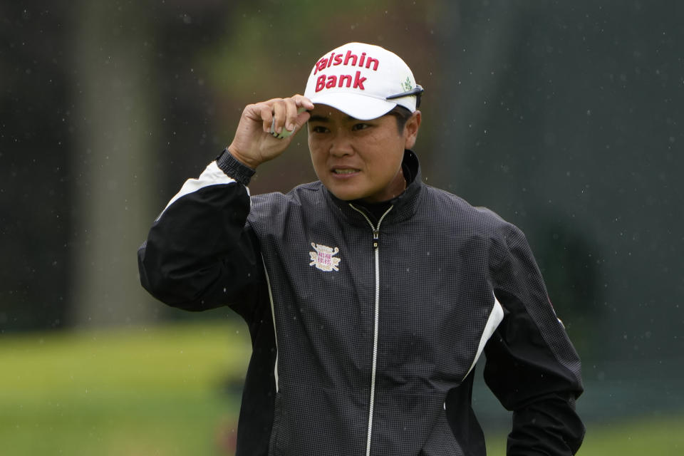 Peiyun Chien, of Taiwan, reacts after sinking her putt on the first hole during the final round of the LPGA Cognizant Founders Cup golf tournament, Sunday, May 12, 2024, in Clifton, N.J. (AP Photo/Seth Wenig)