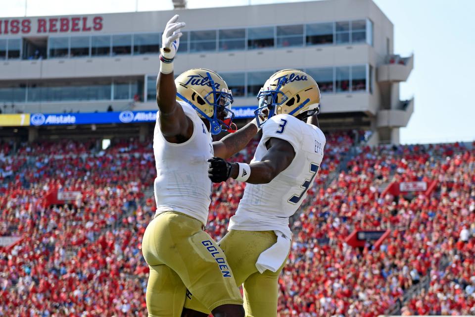 Tulsa wide receiver Keylon Stokes (2), shown with Isaiah Epps (3) against Mississippi Sept. 24, ranks seventh in the country in receptions per game (7.75).