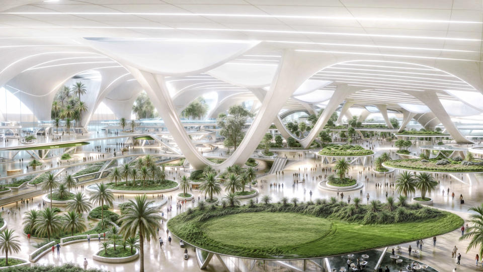 This technical rendering from the Dubai government shows plans for Al Maktoum International Airport at Dubai World Central in Dubai, United Arab Emirates.  Dubai International Airport, the world's busiest airport for international travel, will move its operations to the sprawling second airport in the southern desert city-state. "During the next ten years" In a project worth about $35 billion, its ruler said on Sunday, April 28, 2024. (Dubai Government via Associated Press)