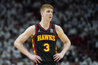 FILE - Atlanta Hawks guard Kevin Huerter (3) stands on the court during the first half of Game 2 of an NBA basketball first-round playoff series against the Miami Heat, Tuesday, April 19, 2022, in Miami. The Atlanta Hawks are trading Kevin Huerter to the Sacramento Kings for Justin Holiday, Mo Harkless and a future conditional draft pick, according to a person with direct knowledge of the agreement. The person spoke to The Associated Press on condition of anonymity Friday, July 1, 2022, because the trade had not been formally approved by the NBA and announced by either club. (AP Photo/Lynne Sladky, File)