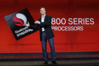 Qualcomm CEO Paul Jacobs talks about the new 800 series Snapdragon processors during the keynote address at the Consumer Electronics Show.