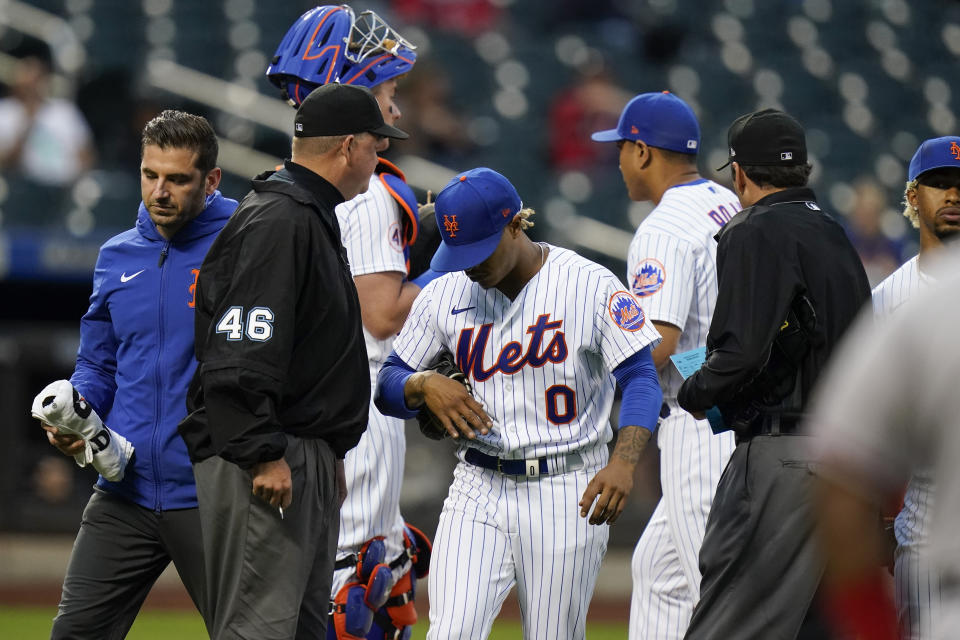 New York Mets' Marcus Stroman (0) leaves the mound during the second inning of a baseball game against the Atlanta Braves Tuesday, June 22, 2021, in New York. (AP Photo/Frank Franklin II)