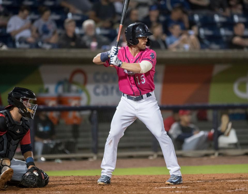 Drew Maggi (15) bats during the Jacksonville Jumbo Shrimp vs Pensacola Blue Wahoos baseball game in Pensacola on Friday, April 12, 2019.