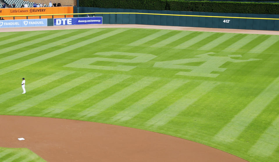 The field is adorned with the number 24 for Detroit Tigers' Miguel Cabrera's last home stand before a baseball game against the Kansas City Royals, Tuesday, Sept. 26, 2023, in Detroit. (AP Photo/Duane Burleson)