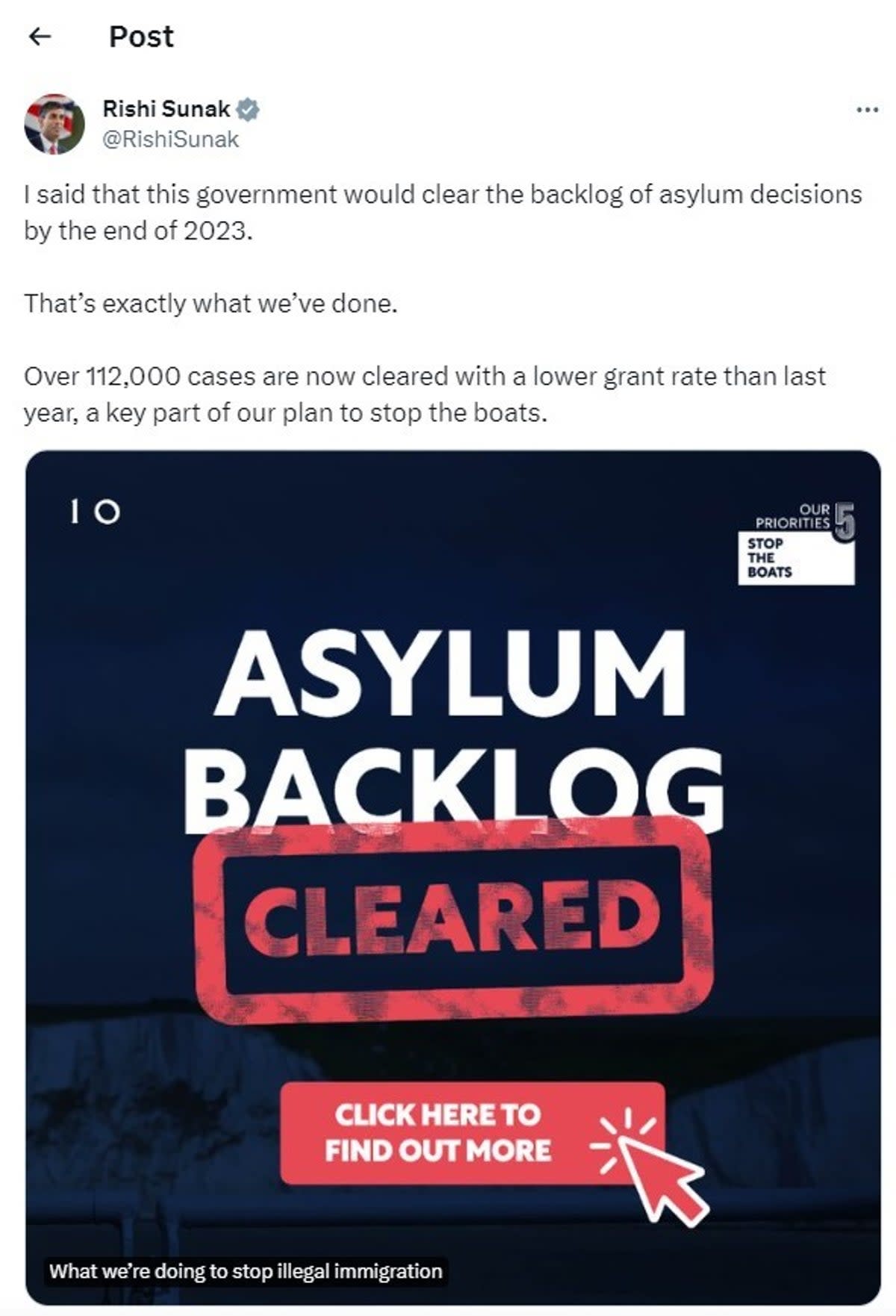 A post on the prime minister’s X account earlier this month claimed that the asylum backlog had been ‘cleared’ (PA)