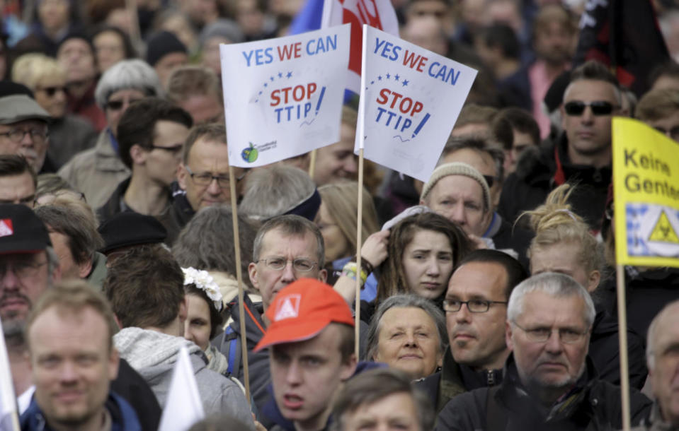 Thousands of demonstrators protest against the planned Transatlantic Trade and Investment Partnership (TTIP) and the Comprehensive Economic and Trade Agreement (CETA) ahead of the visit by President Obama in Hanover, Germany, April 23, 2016. (Markus Schreiber/AP)