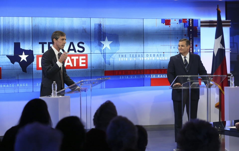 Rep. Beto O’Rourke, D-Texas, left, and U.S. Sen. Ted Cruz, R-Texas, exchanged barbs in their last scheduled debate. (Tom Reel/San Antonio Express-News via AP)