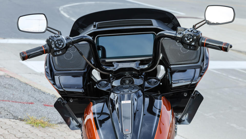 A close-up of the dash and audio system on the 2023 Harley-Davidson CVO Road Glide motorcycle.