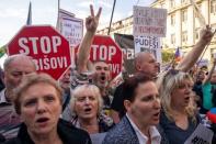 Demonstrators hold banners during a protest rally demanding resignation of Czech Prime Minister Andrej Babis in Prague, Czech Republic, May 21, 2019. REUTERS/Bundas Engler