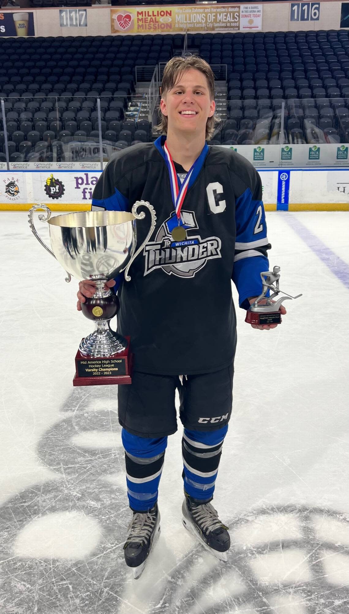 Easton Norris scored six goals with two assists for the Wichita Jr. Thunder hockey team during its run to a second straight league championship.