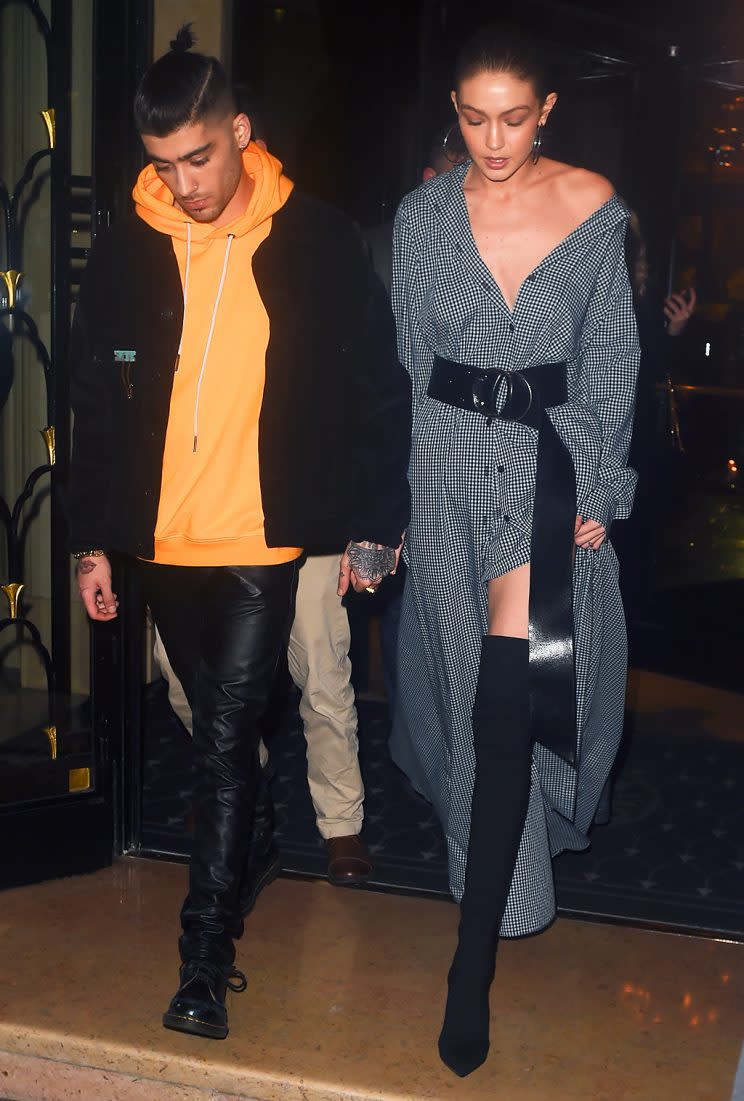 Zayn Malik and Gigi Hadid are seen leaving the four seasons hotel and arriving for evening dinner in Paris (Splash)