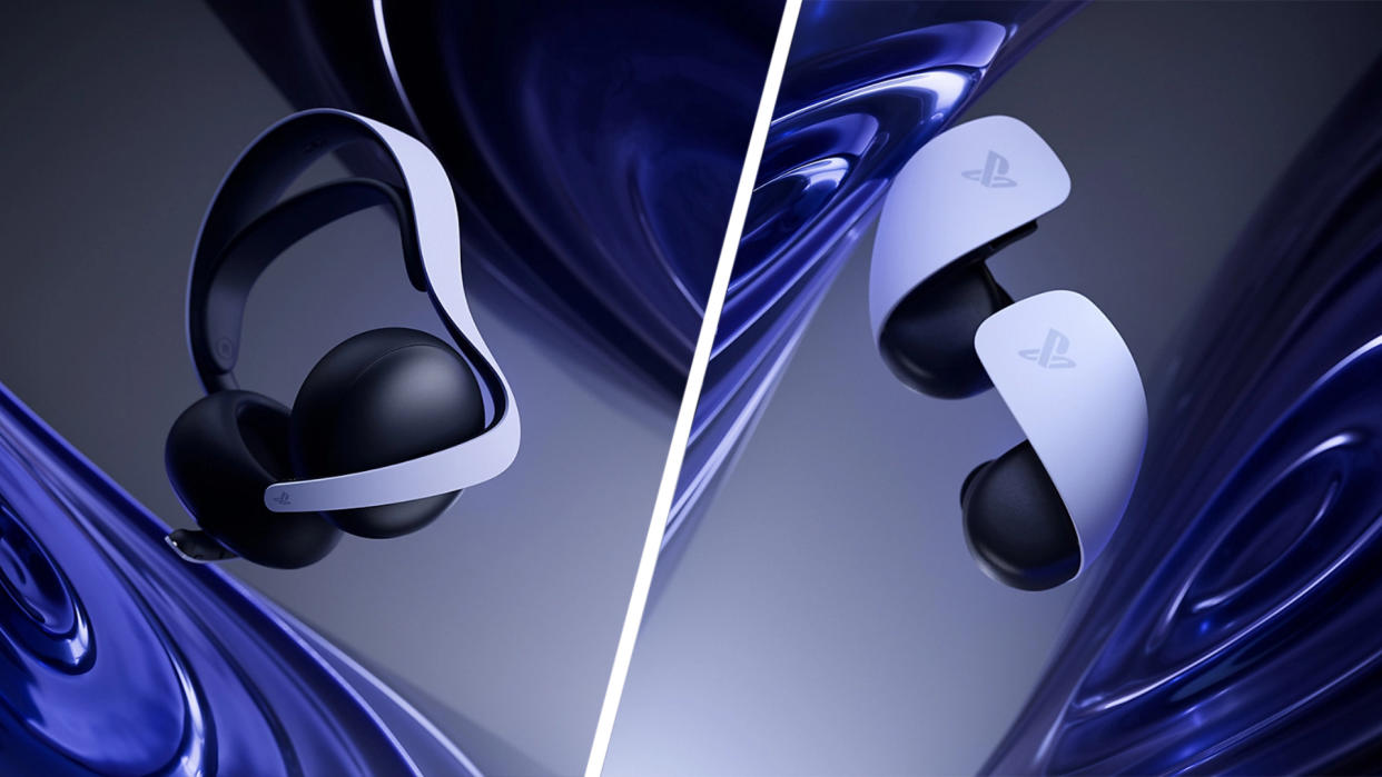  Split artwork of Sony's PlayStation Pulse Elite headset and Pulse Explore earbuds. 