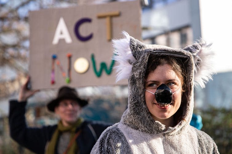 <span class="caption">Outside Australian embassy in Berlin, Extinction Rebellion protests during recent bush fires.</span> <span class="attribution"><a class="link " href="https://webgate.epa.eu/webgate" rel="nofollow noopener" target="_blank" data-ylk="slk:EPA-EFE/OMER MESSINGER;elm:context_link;itc:0;sec:content-canvas">EPA-EFE/OMER MESSINGER</a></span>