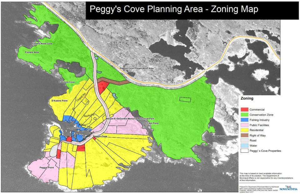 A 2017 map shows the current zoning rules in Peggys Cove, N.S.