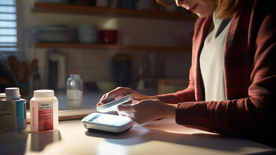 A pharmacy worker placing wireless handheld personal diabetes managers against the light.