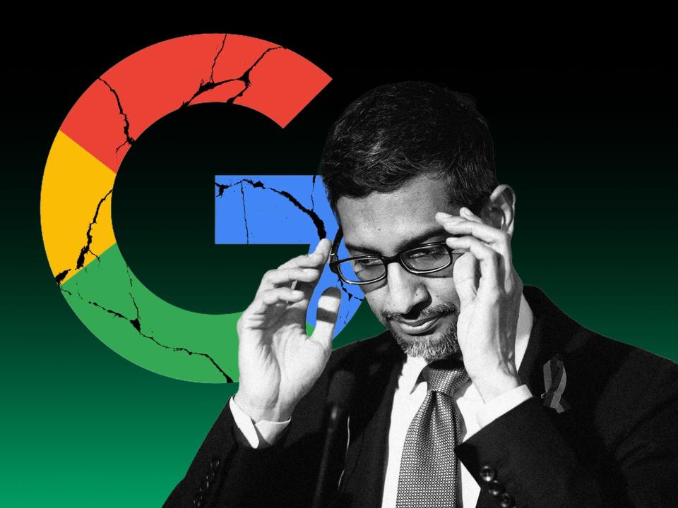 Google CEO Sundar Pichai against a green background with the company's logo on it.