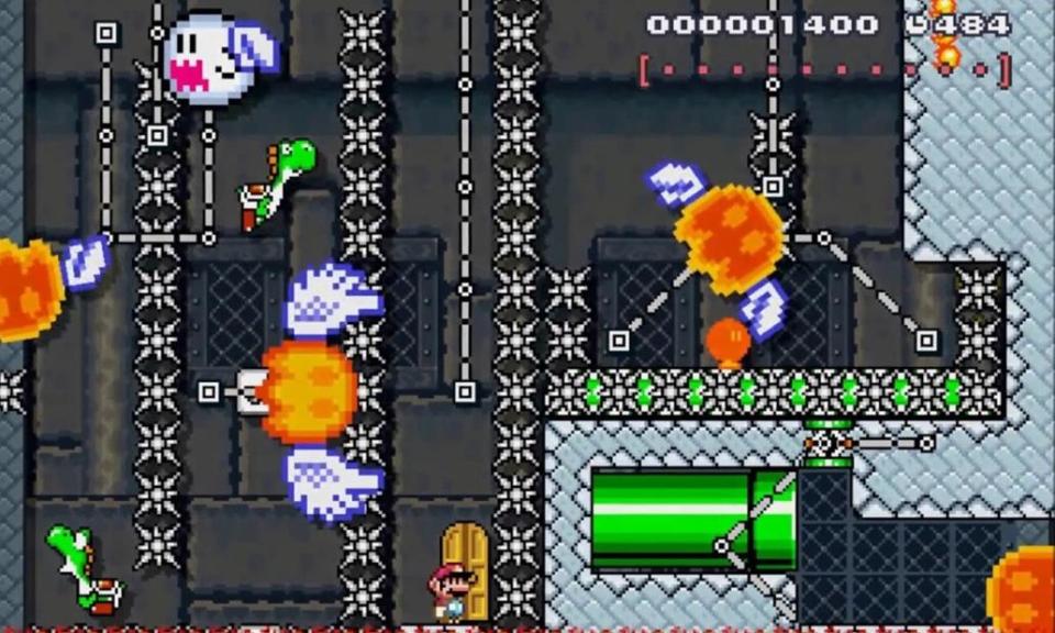 <span>One of Super Mario Maker's most fiendish levels, <a href="https://streaklinks.com/B6B-tcw3d7RoeI40-A3xHkuK/https%3A%2F%2Fyoutu.be%2FIuPz0Nq9QFk" rel="nofollow noopener" target="_blank" data-ylk="slk:Trails of Death;elm:context_link;itc:0;sec:content-canvas" class="link ">Trails of Death</a> by ChainChompBraden.</span><span>Photograph: Nintendo</span>