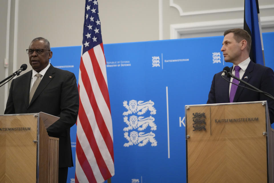 Estonian Defense Minister Hanno Pevkur, right, and United States Secretary of Defense Lloyd Austin attend a joint press conference at the Ministry of Defense after their meeting in Tallinn, Estonia, Thursday, Feb. 16, 2023. (AP Photo/Sergei Grits)