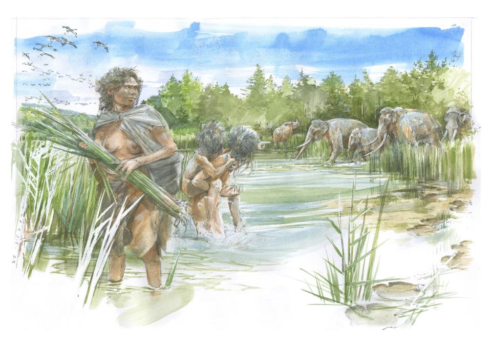 Water color of ancient humans wading in a lake next to elephant and a rhinoceros.