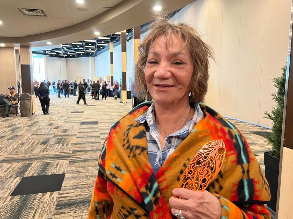 Abbie Maurice-Crook, 72, is an Île-à-la-Crosse boarding school survivor who drove to Saskatoon for the gathering all the way from Hay River, N.W.T.  (Sam Samson/CBC - image credit)