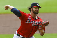 Atlanta Braves' Bryse Wilson pitches against the Boston Red Sox during the first inning of a baseball game Sunday, Sept. 27, 2020, in Atlanta. (AP Photo/John Amis)