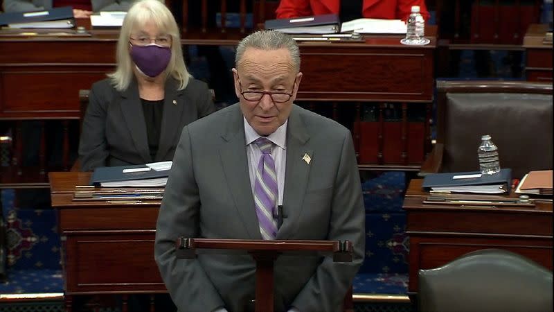 FILE PHOTO: U.S. Senate Majority Leader Chuck Schumer speaks on the Senate floor