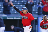 Cleveland Indians' Josh Naylor celebrates scoring the game winning run on a single by Amed Rosario off Chicago Cubs pitcher Keegan Thompson during the tenth inning of a baseball game, Wednesday, May 12, 2021, in Cleveland. The Indians defeated the Cubs 2-1. (AP Photo/Ron Schwane)