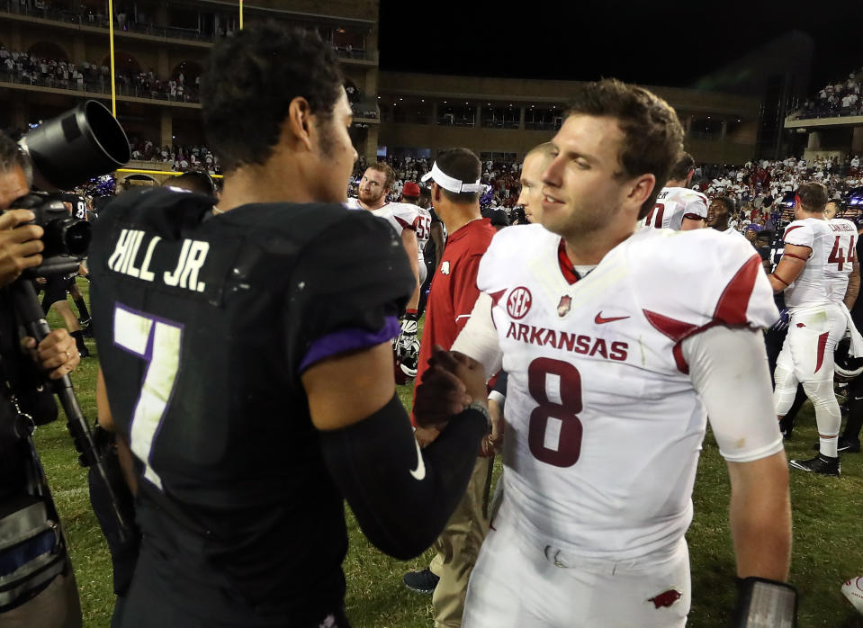 Sep 10, 2016; Fort Worth, TX, USA; TCU Horned Frogs quarterback Kenny Hill (7) and Arkansas Razorbacks quarterback Austin Allen (8) shake hands after the game at Amon G. Carter Stadium. Mandatory Credit: Kevin Jairaj-USA TODAY Sports