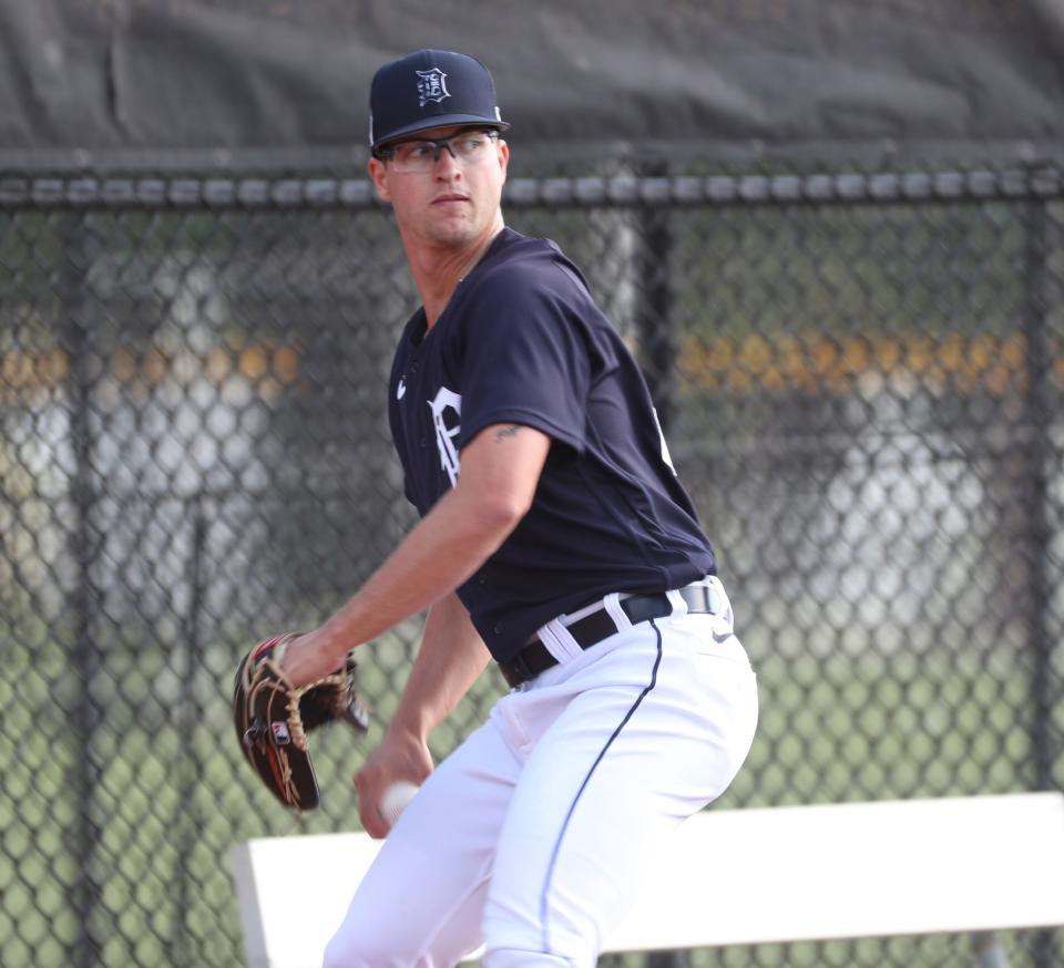 Tigers pitcher Garrett Hill throws in the bullpen during Detroit Tigers spring training on Wednesday, March 16, 2022, at TigerTown in Lakeland, Florida.