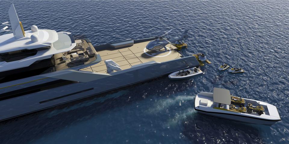 It’s not about super-yachts—it’s about their high-end toys. Sure, private yachts can always be built bigger and sleeker, but those details are old hat. Now, it’s all about stuffing those super-yachts with the latest and greatest toys, from helicopters to jetpacks to speedboats. “We have a project—concept only at this stage—which is all about deploying toys, specifically a submarine,” says Dickie Bannenberg of Bannenberg and Rowell, an iconic super-yacht design firm. Project Echo is an adventure support yacht complete with a helipad, speedboat, and, yes, a submarine, that the firm conceptualized with builder Echo Yachts, Triton Submarines, and naval architects Incat Crowther. But the boat could even be considered a toy itself: The marketing deck suggests that it could be used as a support vessel for an even larger super-yacht.