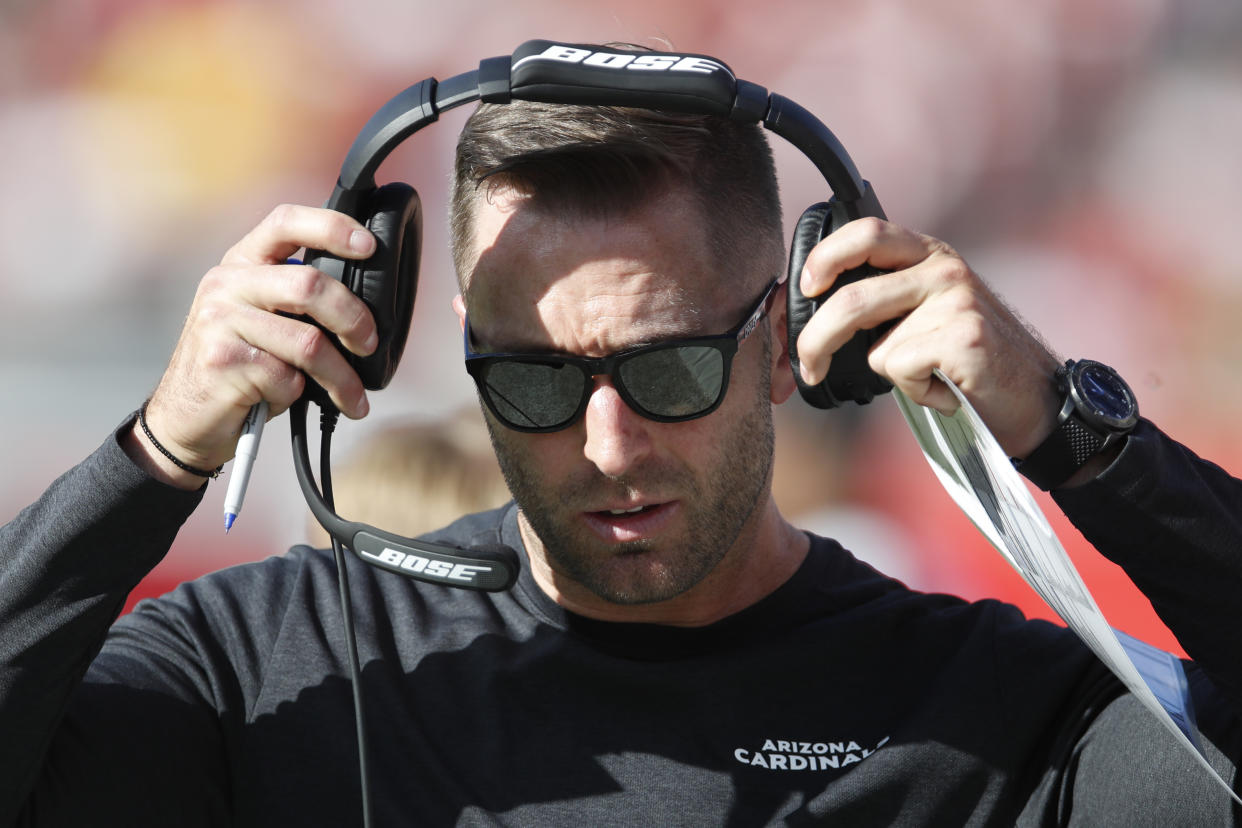 Arizona Cardinals head coach Kliff Kingsbury watches his team play the Tampa Bay Buccaneers during an NFL football game Sunday, Nov. 10, 2019, in Tampa, Fla. The Buccaneers won the game 30-27. (Jeff Haynes/AP Images for Panini)