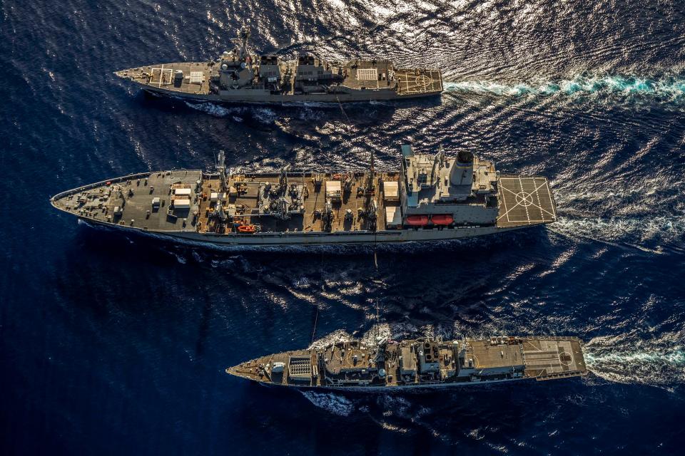 The Arleigh Burke-class guided-missile destroyer USS McCampbell (DDG 85), the Military Sealift Command fleet replenishment oiler USNS Henry J. Kaiser (T-AO 187), and the Royal Navy Type 23 ‘Duke’ Class guided-missile frigate HMS Argyll (F231) transit during a replenishment-at-sea.