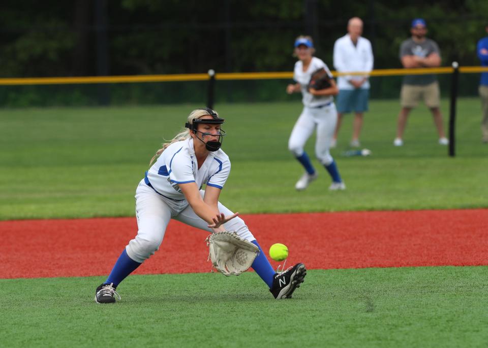 Webster Schroeder's Hannah Secor (7) picks up a ground ball in the NYSPHSAA Class A final against Vestal at Moriches Athletic Complex in Moriches on Saturday, June 11, 2022.