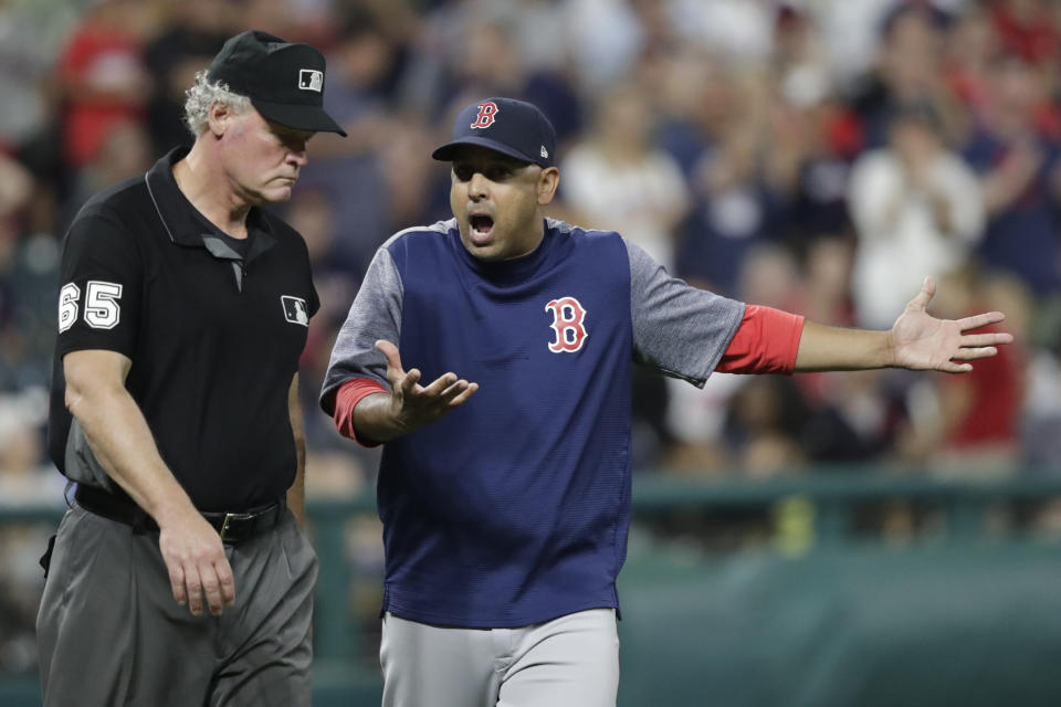 Red Sox manager Alex Cora is tired of position players pitching and has a wild idea aimed at limiting its frequency. (AP Photo/Tony Dejak)