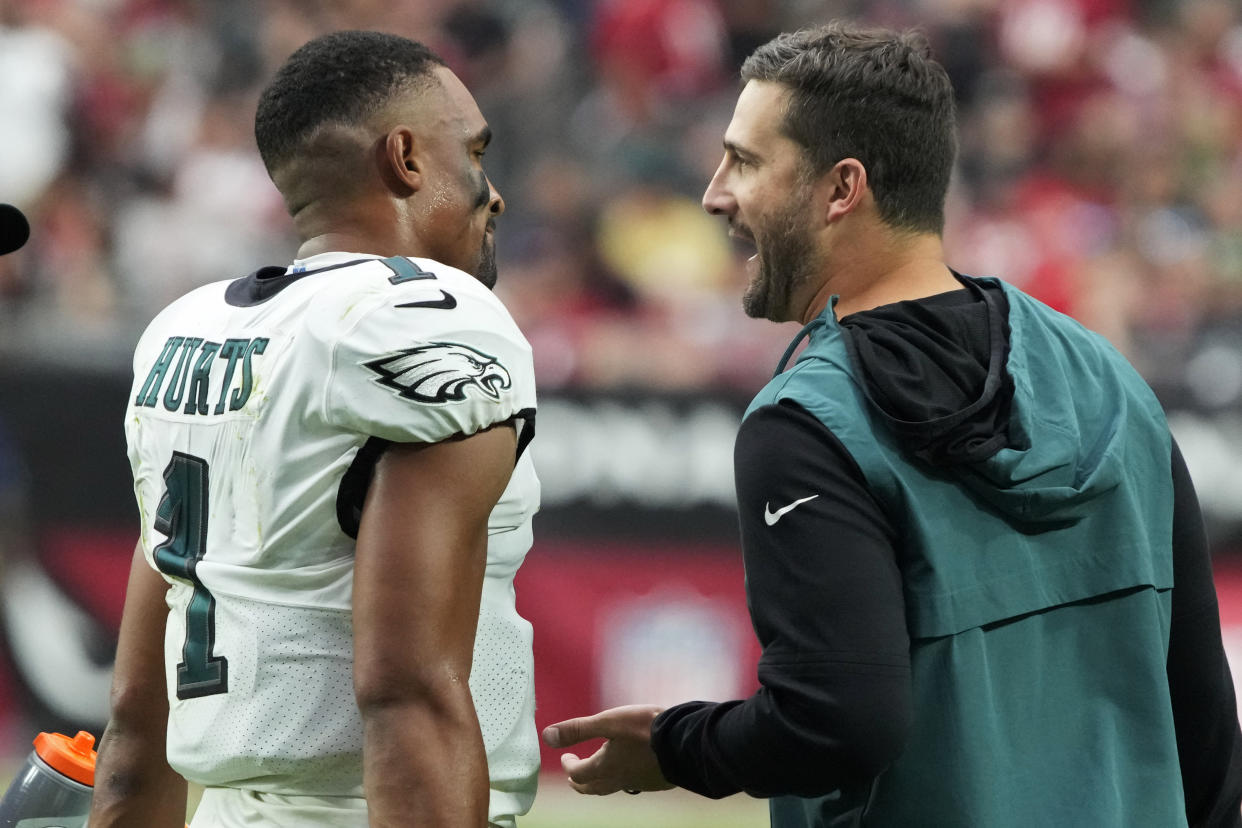 Philadelphia Eagles quarterback Jalen Hurts (1) and coach Nick Sirianni have helped turn the Eagles back into NFC champions. (AP Photo/Rick Scuteri)