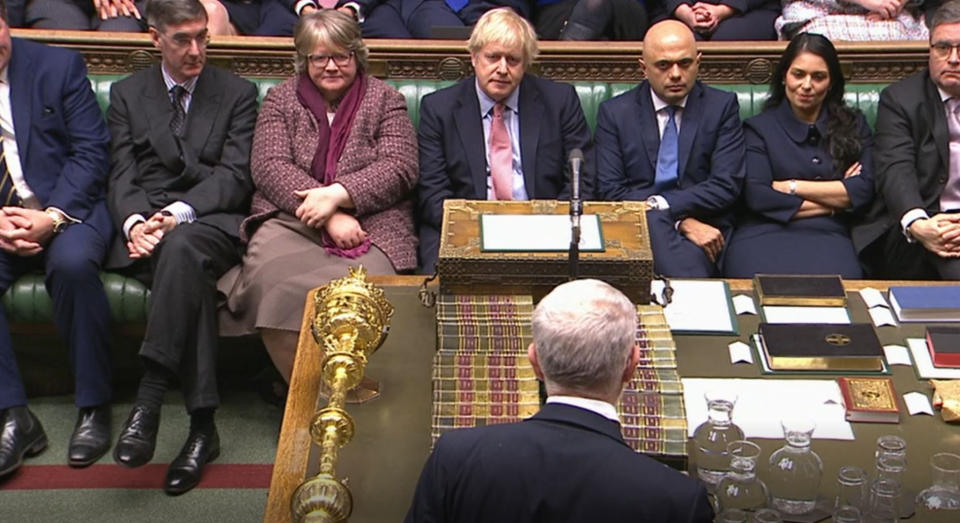 Prime Minister Boris Johnson looks on as Leader of the Labour Party Jeremy Corbyn speaks in the House of Commons, London, after the Conservative Party gained an 80-seat majority in the General Election. (Photo by House of Commons/PA Images via Getty Images)