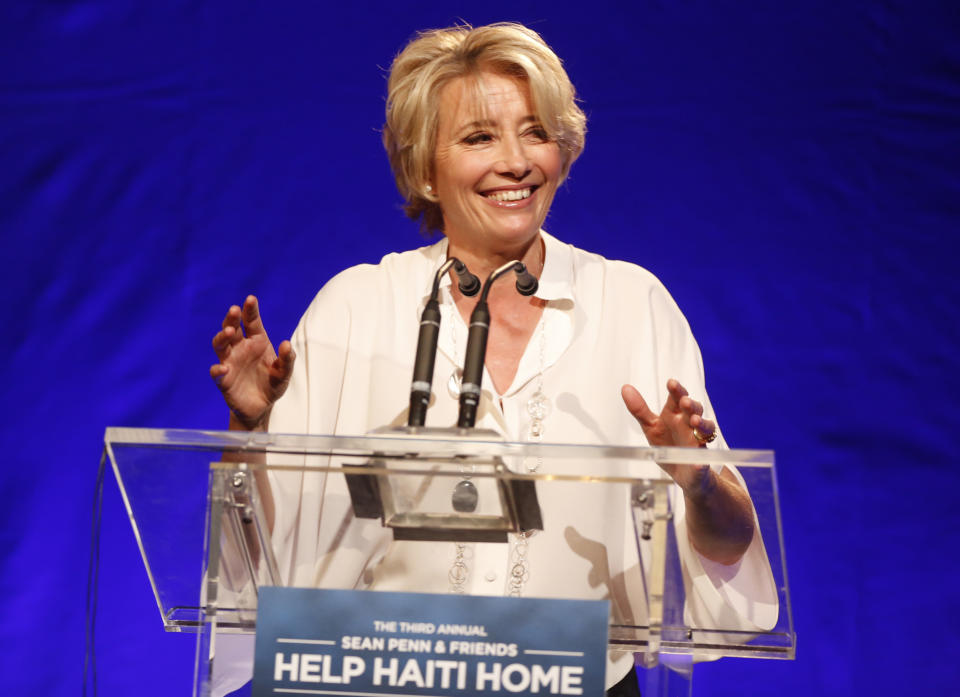 Emma Thompson speaks on stage at the 3rd Annual Sean Penn & Friends HELP HAITI HOME Gala on Saturday, Jan. 11, 2014 at the Montage Hotel in Beverly Hills, Calif. (Photo by Colin Young-Wolff /Invision/AP)