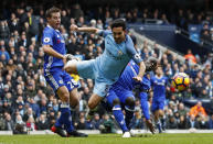 Britain Football Soccer - Manchester City v Chelsea - Premier League - Etihad Stadium - 3/12/16 Manchester City's Ilkay Gundogan in action with Chelsea's N'Golo Kante Action Images via Reuters / Jason Cairnduff Livepic EDITORIAL USE ONLY. No use with unauthorized audio, video, data, fixture lists, club/league logos or "live" services. Online in-match use limited to 45 images, no video emulation. No use in betting, games or single club/league/player publications. Please contact your account representative for further details.