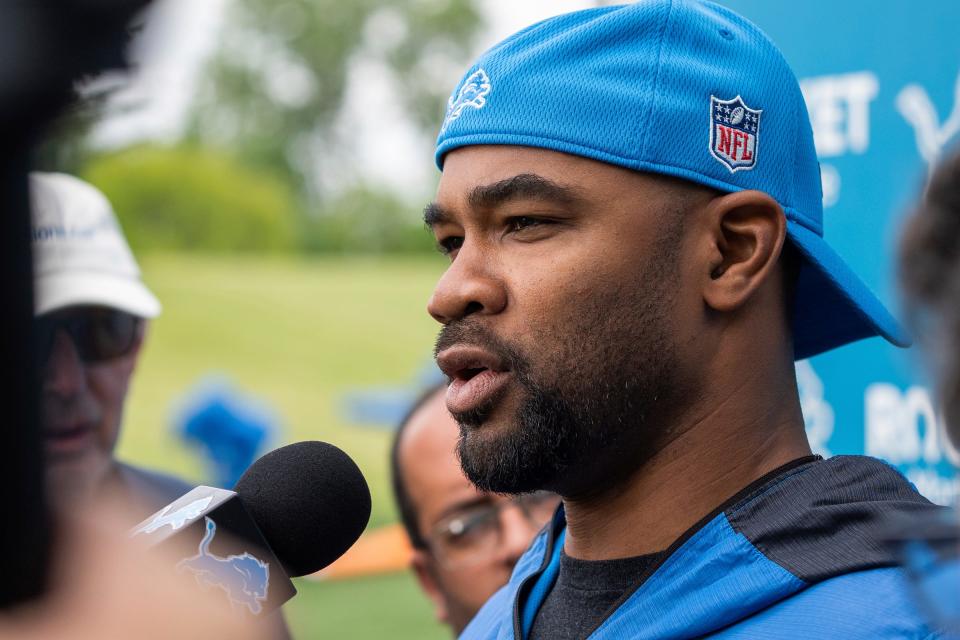 Lions WRs coach Antwaan Randle El talks with media during at the Lions practice facility in Allen Park on Monday, June 12, 2023.