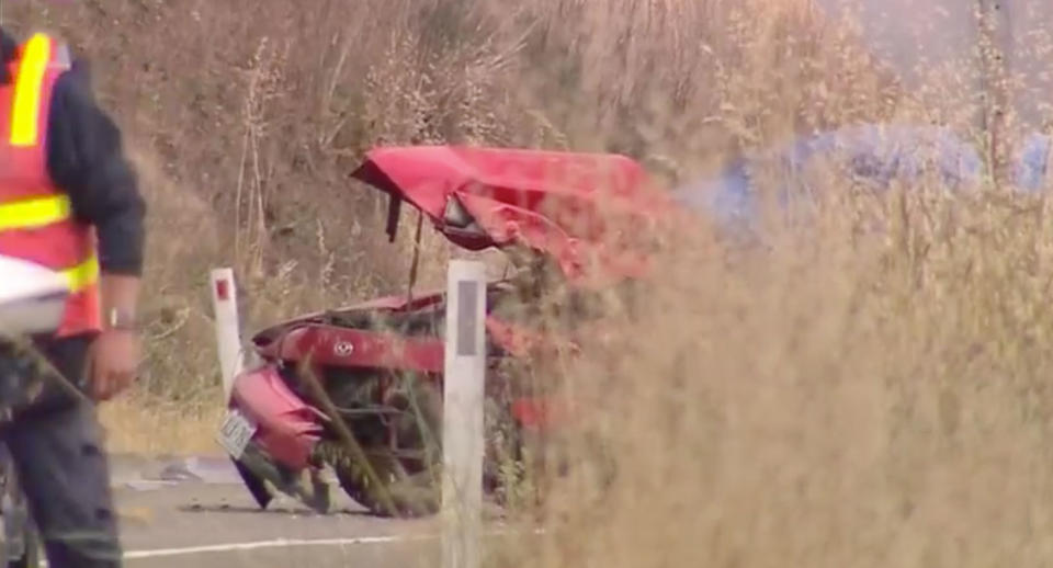 A couple, a 17-year-old man and his 18-year-old passenger, died when their Mazda (pictured) crashed into a Hyundai i30 on Long Valley Road, Gemmells on Tuesday about 4.40pm. Source: 7 News